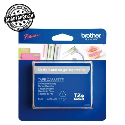 Ruban BROTHER P-touch TZe lamin&eacute; - 12mm - 5m - blanc sur gris clair