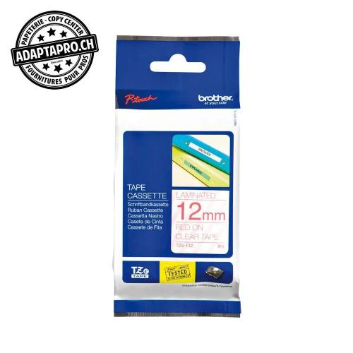 Ruban BROTHER P-touch TZe lamin&eacute; - 12mm - 8m - rouge sur transparent