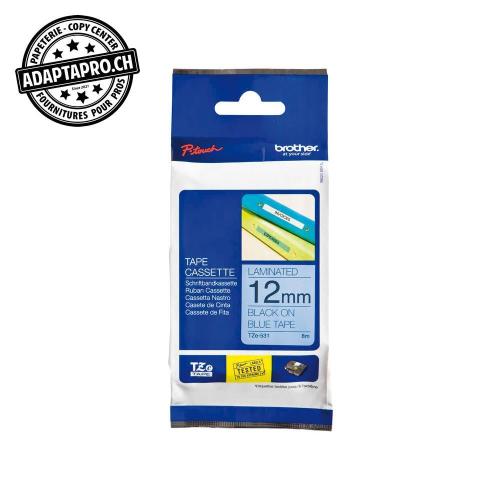 Ruban BROTHER P-touch TZe lamin&eacute; - 12mm - 8m - noir sur bleu