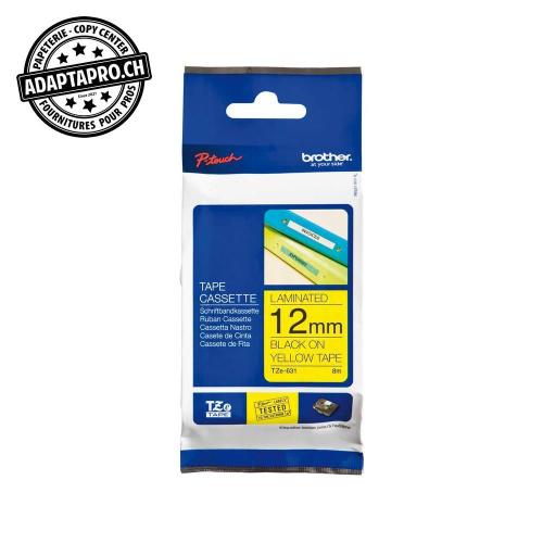 Ruban BROTHER P-touch TZe lamin&eacute; - 12mm - 8m - noir sur jaune