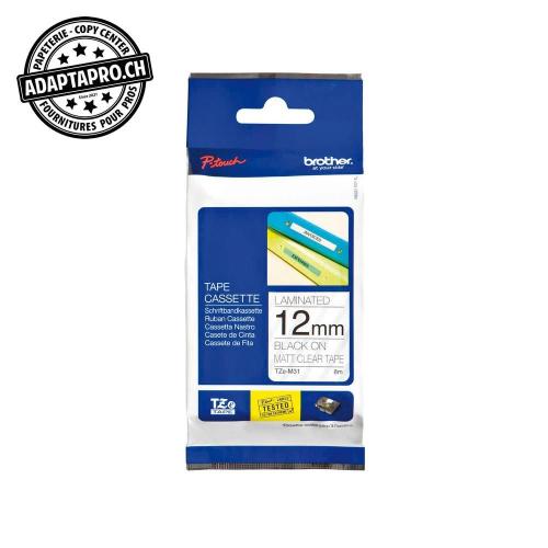 Ruban BROTHER P-touch TZe lamin&eacute; - mat - 12mm - 8m - noir sur transparent