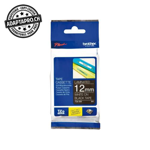 Ruban BROTHER P-touch TZe lamin&eacute; - 12mm - 8m - blanc sur noir