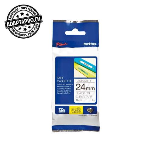 Ruban BROTHER P-touch TZe lamin&eacute; - 24mm - 8m - noir sur transparent