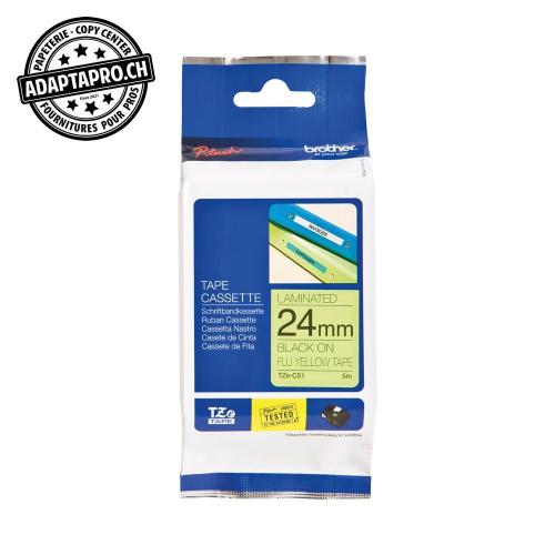 Ruban BROTHER P-touch TZe lamin&eacute; - 24mm - 5m - noir sur jaune fluo