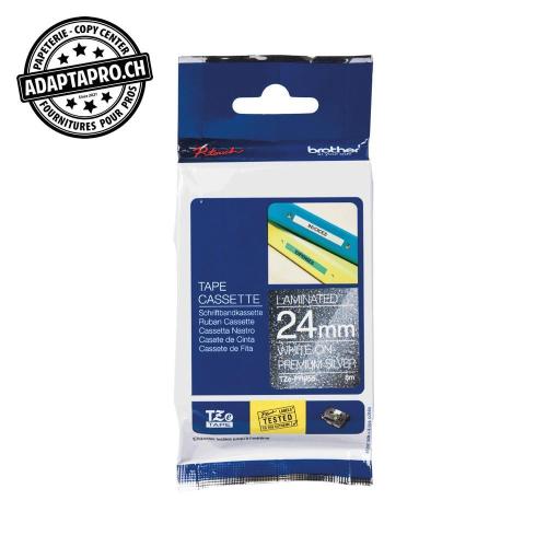 Ruban BROTHER P-touch TZe lamin&eacute; - 24mm - 8m - blanc sur argent premium