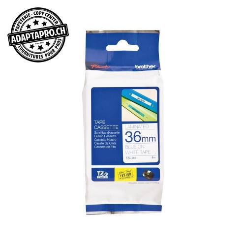 Ruban BROTHER P-touch TZe lamin&eacute; - 36mm - 8m - blanc sur bleu