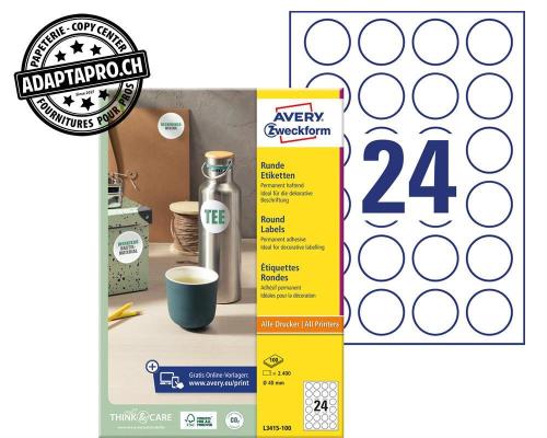 Etiquettes universelles AVERY ZWECKFORM ultragrip - rond dia 40mm - 24/A4 - 100 flles