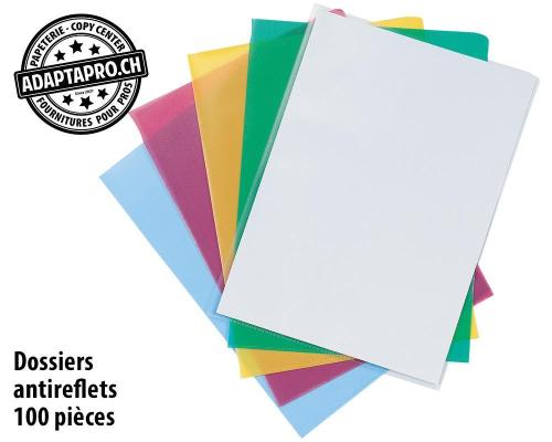 Dossiers transparents Q-CONNECT grain&eacute;s antireflets - couleurs assorties - 100 pces