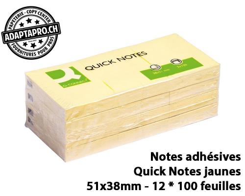 Notes adh&eacute;sives Q-CONNECT&reg; Quick Notes jaunes - 51x38mm - 12 * 100 feuilles